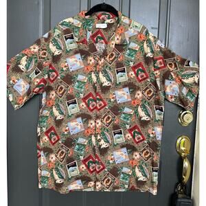 Mango Key Men’s Hawaiian Shirt Olive Green with Coffee Print Brown Size Medium